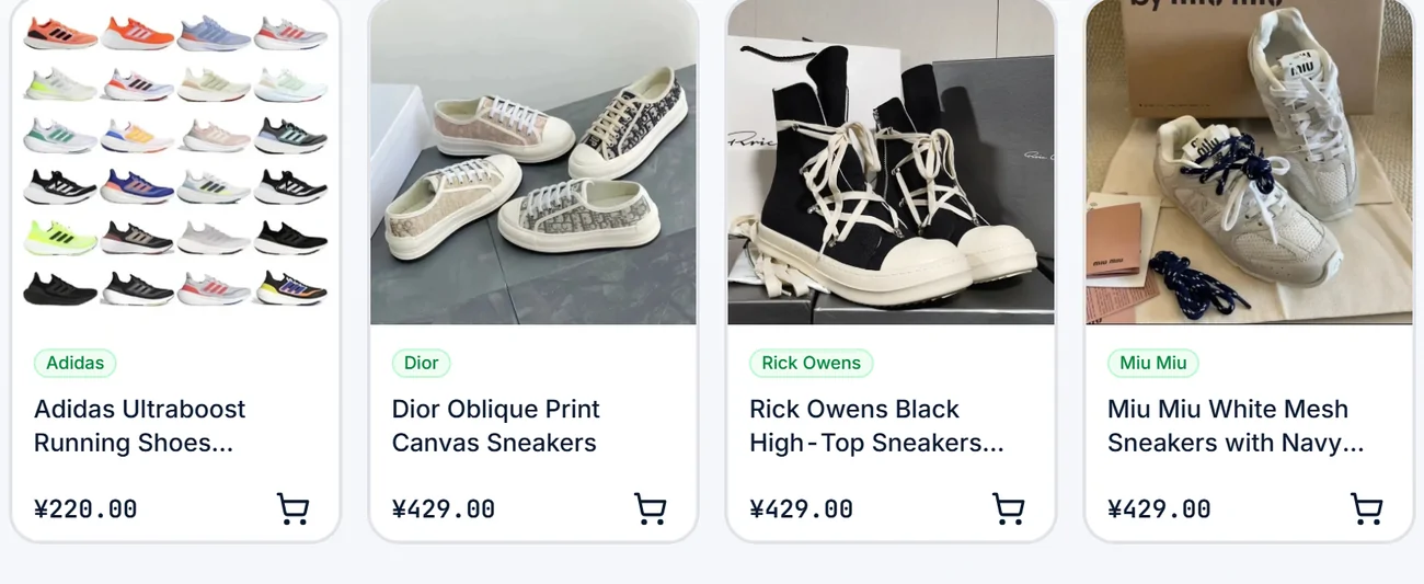 A row of curated sneaker finds on W2CSpreadsheet with brands and prices.