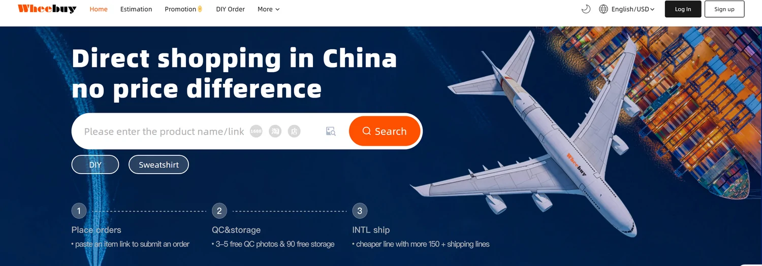 The official Wheebuy homepage showing the paste-a-link search bar and the place-order, QC and shipping steps.